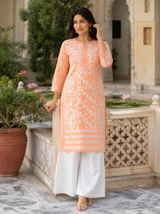 Women's Peach Cotton Embroidered <b>Kurta</b> Traditional <b>Indian</b> Pakistani Casual Wear Midi Length Regular Fit All Seasons Wedding - Product Image 3