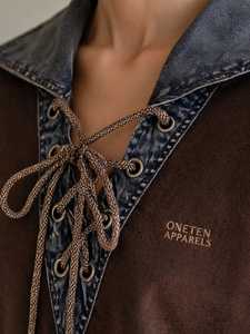 ONETEN APPARELS <b>Women's</b> Brown Lace Up Sweatshirt Denim Turn Down Collar Drop Shoulder Casual Pullover - Product Image 6