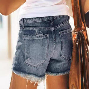 Shorts en jean taille haute pour femme en polyester/coton avec fermeture éclair, style décontracté, délavage moyen, vente en gros - Product Image 3