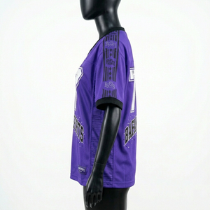 Maillot de football pour femmes en micro-mesh polyester, violet, noir, blanc, avec empiècements latéraux, logo personnalisé en twill, maillot de football pour femmes - Product Image 2