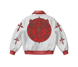 <b>White</b> Pu Bomber <b>Jacket</b> With Red Cross Embroidery And Logo Patch Streetwear <b>Men</b> Autumn Zipper Front Turn-down Collar - Product Image 2