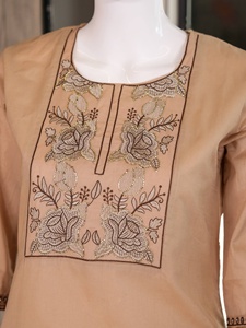 Ensemble Kurti et pantalon en coton beige pour femme avec broderie, coupe ample, longueur cheville, tenue décontractée, style Inde Pakistan - Product Image 6