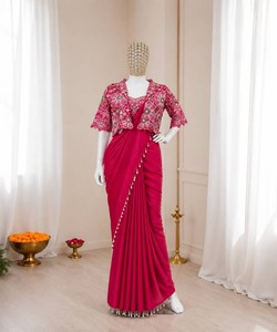 Sari listo para usar para mujer con chaqueta bordada, seda color granate, ropa étnica tradicional india para bodas y fiestas 82846 BB-59 - Product Image 3