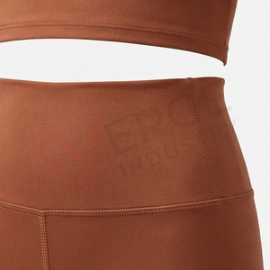 Women Brown <b>Long</b> Sleeve Crew Neck Crop <b>Top</b> High Waist Full Length <b>Leggings</b> 2 Piece Yoga Set - Product Image 5