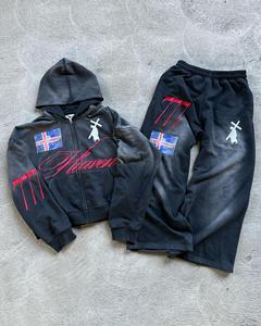 Custom Vintage Washed Zip <b>Hoodie</b> Wide Leg Sweatpants Set Solid Casual Eco-Friendly Cotton Streetwear Tracksuit Private Label - Product Image 1