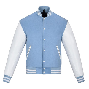 เสื้อแจ็คเก็ตแบบ Letterman สีฟ้าอ่อนสั่งทำพิเศษ แขนหนังสีขาว ติดกระดุมด้านหน้า แต่งแถบลายริบบริเวณคอ แขนเสื้อ และชายเสื้อ ชุดทีมชาติสหรัฐอเมริกาและสหราชอาณาจักร - Product Image 1