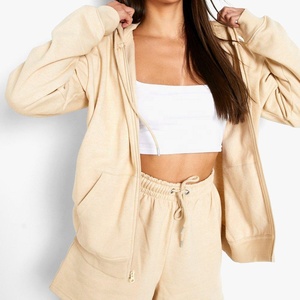 Sweat à capuche surdimensionné en coton uni zippé pour femme, vêtement unisexe en vrac, couleur unie - Product Image 4