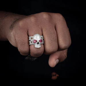 Anillo de Calavera para Hombre de Plata 18k con Diamante Cultivado en Laboratorio, Corte Pera, Certificado IGI, Ojo Rojo, Estilo Hip Hop Gótico Punk Rock Streetwear, Anillo de Pinky - Product Image 1