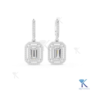 Lab Grown Diamond Emerald Cut Double Halo Drop <b>Earrings</b> Pave <b>Hoop</b> Leverback 18K <b>Solid</b> Gold Classic Fine Women's Wedding Party - Product Image 2