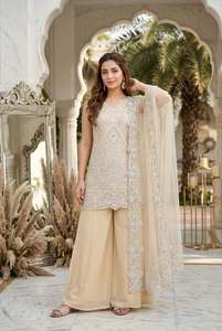 Designer Sequence Embroidery Work And Hand Pearl Work Georgette Fully Stitched <b>Top</b> With Georgette Stitched Plazzo And Dupatta - Product Image 4