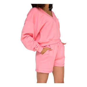 Conjunto de Dos Piezas para Mujer, Diseño Nuevo, Cuello en V, 100% Algodón, Felpa Francesa, Top Corto con Hombros Caídos y Pantalones Cortos, Estilo Holgado - Product Image 3
