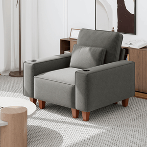 Fauteuil individuel moderne et confortable en chenille à assise profonde, avec porte-gobelet en acier inoxydable brossé et coussin décoratif, pour salon - Product Image 3