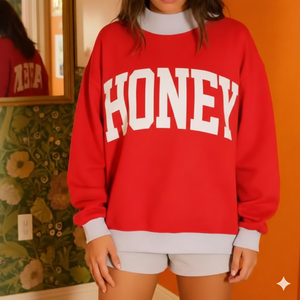 Women's Pink Oversized Crew <b>Neck</b> HONEY Letter Print Cotton Blend Autumn Streetwear Long Sleeve Pullover <b>Top</b> <b>MOCK</b> <b>NECK</b> - Product Image 4