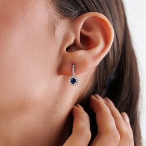 Boucles d'oreilles pendantes minimalistes en or blanc 14 carats avec saphir bleu et diamant, pierres précieuses 100% naturelles, pour filles, usage quotidien - Product Image 2