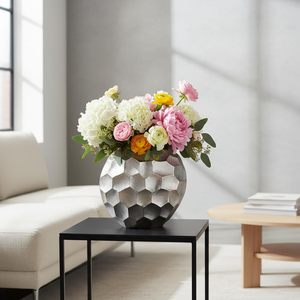 Vase décoratif moderne en métal argenté en forme de nid d'abeille, aluminium brossé, hexagonal, rond, pour la décoration de la maison - Product Image 6