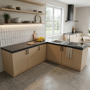 Muebles de Cocina Modulares Modernos de Madera en Forma de L con Encimera de Cuarzo Negro, Fregadero Doble, Base y Isla - Product Image 3