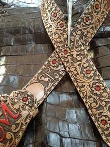 2026 Arrival Luxury Western Full Grain Beaded <b>Leather</b> <b>Tooled</b> Belt Hand Carved Leaf Pattern With Buckle Custom - Product Image 2