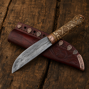 Cuchillo Curvo Estilo Vikingo Hecho a Mano con Hoja de Acero al Carbono, Mango Grabado y Funda de Cuero - Product Image 5