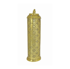 Farolillo marroquí alto cuadrado de latón pulido dorado con techo de campana perforado y paneles de vidrio texturizado en relieve. - Product Image 5