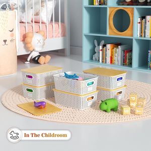Wired Plastic Storage <b>Baskets</b> <b>with</b> Bamboo <b>Lid</b> Stackable Egg Storage Bins for Organizing Shelves - Product Image 4