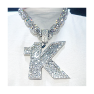 Pendentif lettre K plaqué argent avec micro-incrustations de strass en cristal, style hip-hop, bijou de mode pour homme, cadeau - Product Image 1