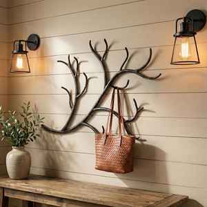 Handcrafted Tree Branch Iron <b>Wall</b> <b>Mounted</b> <b>Coat</b> <b>Rack</b> Artistic Metal Entryway Organizer For Bags Jackets Hats Scarves Rustic - Product Image 1