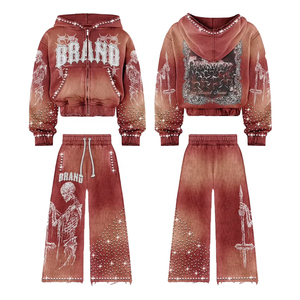Ensemble de survêtement femme bordeaux délavé avec strass squelette, comprenant un sweat à capuche court zippé et un pantalon large, style gothique Y2K streetwear, deux pièces tendance - Product Image 1