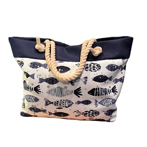 กระเป๋าถือลายปลาแบบวาดด้วยหมึกสำหรับผู้หญิง ดรอปชิปปิ้ง พิมพ์ลายบนผ้า กระเป๋าหูหิ้วเชือกป่าน สะดวกสบาย สวยหรู เหมาะสำหรับวันหยุดพักผ่อน กระเป๋าสะพายไหล่สำหรับสุภาพสตรี - Product Image 1