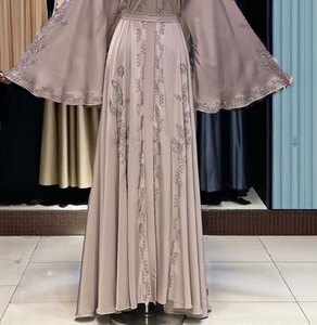 Wholesale Modest Dubai Beaded Sequined Long Sleeve <b>Abaya</b> Muslim Traditional Handmade Wedding Women Polyester Breathable V Neck - Product Image 5