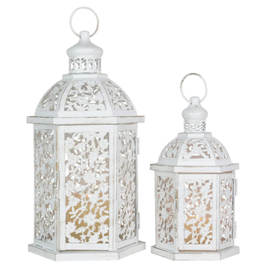 Lanterne à bougie marocaine au design traditionnel pour la décoration de table lors d'événements et de fêtes à la maison, lanterne en verre/métal finition blanche - Product Image 3