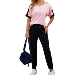 Women's Pink Black Color Block Tracksuit Short Sleeve Crew Neck Loose Fit Full Length <b>Pants</b> Side Pockets Elastic Waist Tracksuit - Product Image 1