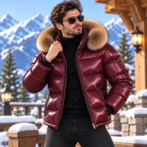 Men's Leather <b>Quilted</b> Puffer Jacket Fox Fur Hood | Breathable <b>Summer</b> Casual Jacket | Piumino Lucido Uomo | Chaqueta Brillante | - Product Image 1