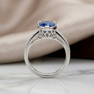 Anillo de Compromiso Ovalado con Diamante Azul, Banda Nupcial con Pavé, Oro Blanco, Joyería Fina - Product Image 1