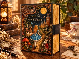 Grand Grimoire en Cuir Fait Main par Herb Heritage |   Carnet d'aventures fantastiques 200 pages |   Alice au pays des merveilles, sorcière céleste - Product Image 1