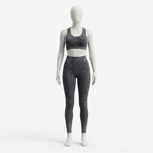 Women Charcoal Gray Acid Wash Yoga Set <b>Racerback</b> Sports <b>Bra</b> High Waist Leggings Gym Fitness Workout Activewear - Product Image 2