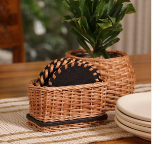 Ensemble de dessous-de-verre en rotin tressé carré avec boîte de rangement en similicuir assortie, disponible à prix de gros. - Product Image 6
