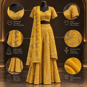 Designer Georgette Lehenga Choli in Mustard Gold with Zari Thread Work | Floral Embroidered Wedding Party Set with <b>Net</b> <b>Dupatta</b> - Product Image 5