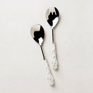 Service à salade en acier inoxydable avec une peinture blanche vintage unique, ensemble de vaisselle à poignée en métal, ensemble de serveurs à salade royal - Product Image 1