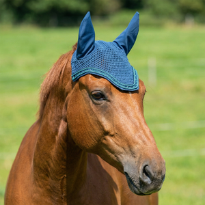 Voile anti-mouches pour cheval bleu en crochet, rembourré, confortable, de haute qualité, avec cache-oreilles assortis, bordure scintillante discrète, fait main, équestre - Product Image 1