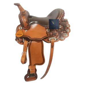 Selle de cheval Western en cuir brun, motif floral gravé à la main, avec conchos étoile, assise souple, fixation SS, 10-18 pouces - Product Image 1