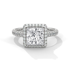 Princess Cut Lab-Grown <b>Diamond</b> Halo Engagement <b>Ring</b> In 14k White Gold With Pave Band Luxury Square Bridal <b>Diamond</b> <b>Ring</b> For Women - Product Image 1
