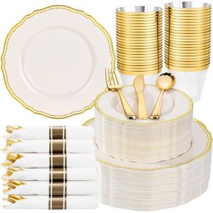 Set di Stoviglie in Plastica Avorio e Oro 350 Pezzi, Decorazioni per Tavola da Festa, Include 50 Piatti Piani, 50 Piattini da Dessert, 50 Bicchieri - Product Image 1