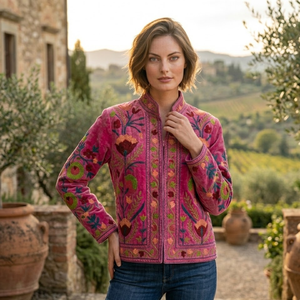 Blouson bomber en velours rose brodé |   Vêtement décontracté pour femme à col montant, motif floral brodé, chef-d'œuvre artisanal, doublure en coton - Product Image 5