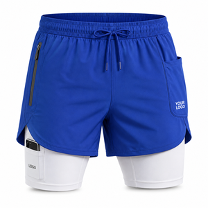 Shorts de course pour hommes personnalisables en gros, couleur bleu uni, taille mi-haute, cordon de serrage, séchage rapide, sportifs, avec logo sur les poches - Product Image 1