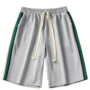 Shorts Bermuda en coton gris pour homme avec bande latérale verte et cordon de serrage, shorts de sport décontractés - Product Image 3