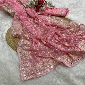 Sari VASTRA COTTAGE Premium de Georgette con Bordado Floral de Hilo Pesado, Detalles de Lentejuelas y Borde Calado Festoneado - Product Image 3