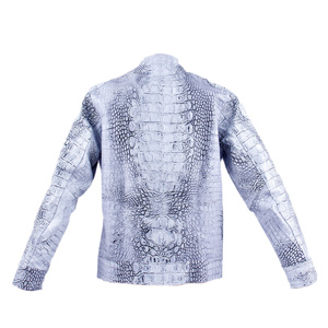 Veste en cuir PU bleu pour homme, style motard, col mandarin, fermeture éclair, coupe ajustée, longueur normale, motif crocodile embossé - Product Image 4