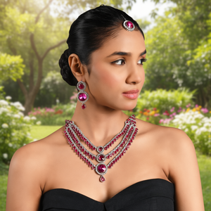 Ensemble collier et boucles d'oreilles Maang Tikka en argent plaqué, style traditionnel multi-couches avec pierres, pour femmes - Product Image 2