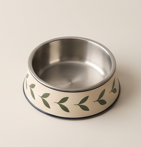 Gamelle Moderne en Métal Rond Anti-Renversement pour Animaux de Compagnie, Motif Feuille Botanique Émaillée, avec Base Antidérapante en Caoutchouc, Vente en Gros - Product Image 1