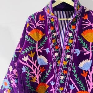 Hand Embroidered Suzani Velvet <b>Jacket</b> 100% Cotton Reversible Eco-Friendly Breathable Quick-Dry Summer/Winter V-Neck <b>Short</b> Floral - Product Image 3